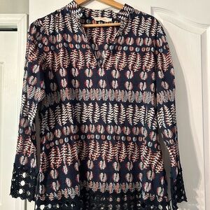 Tory Burch Blue and Pink Graphic Tunic with Mandarin Collar